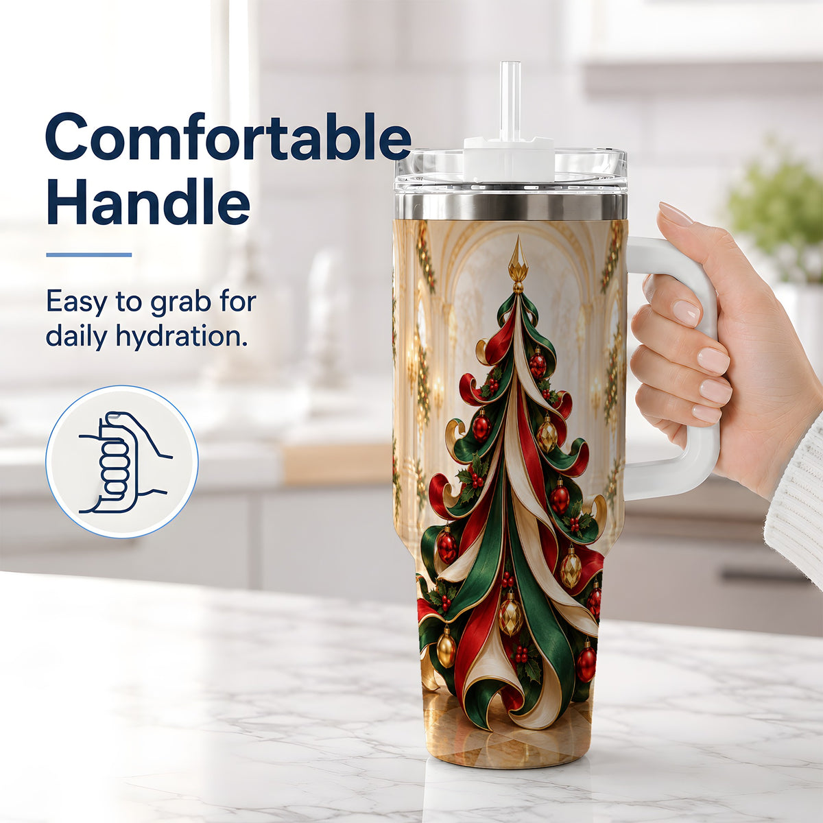 #pl[40oz|White] Elegant Ribbon Christmas Tree 40oz Handled Tumbler, Festive Ornament Art