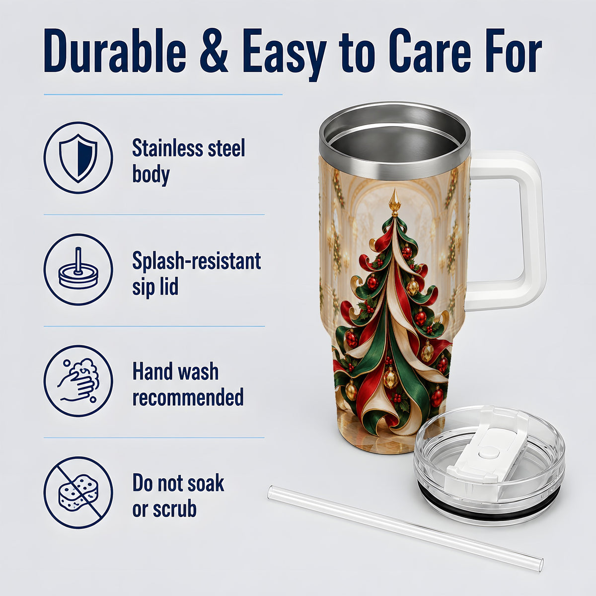 Elegant Ribbon Christmas Tree 40oz Handled Tumbler, Festive Ornament Art