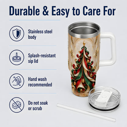 Elegant Ribbon Christmas Tree 40oz Handled Tumbler, Festive Ornament Art
