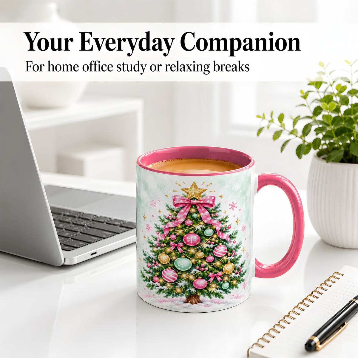 #pl[11oz|Pink] Pink Bow Christmas Tree Accent Mug, Ceramic Pastel Holiday Cup