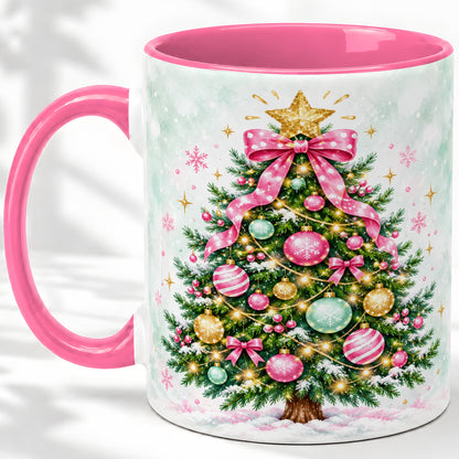 #pl[11oz|Pink] Pink Bow Christmas Tree Accent Mug, Ceramic Pastel Holiday Cup