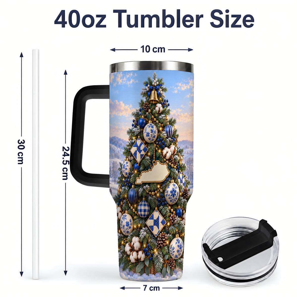 #pl[40oz|Black] Blue White Christmas Tree 40oz Handled Tumbler, Country Winter Scenery