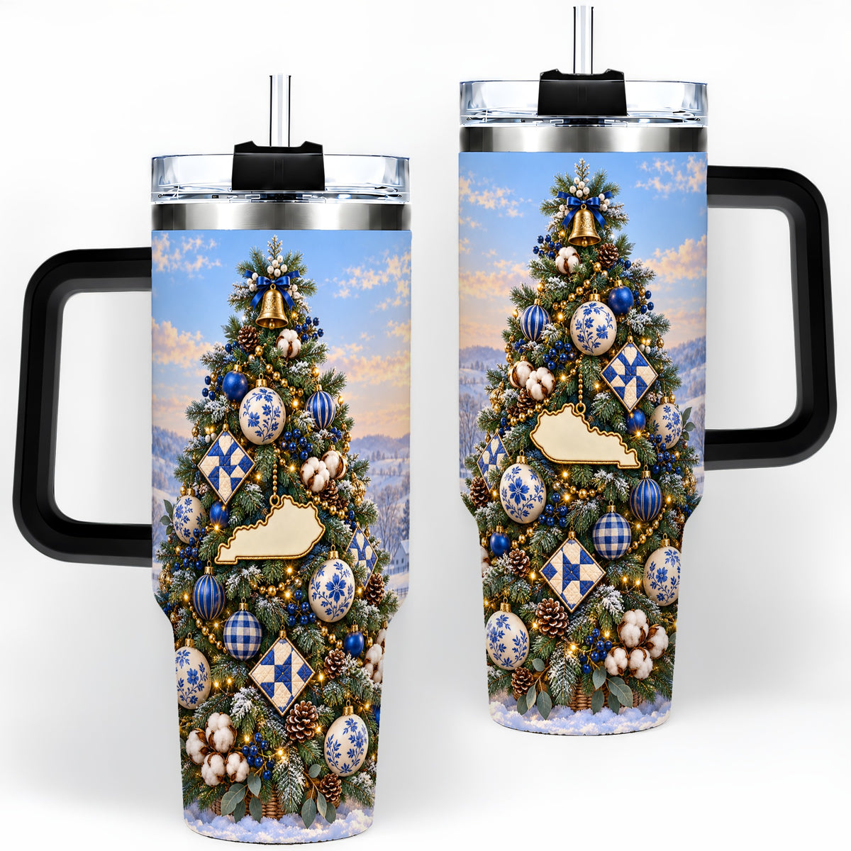 #pl[40oz|Black] Blue White Christmas Tree 40oz Handled Tumbler, Country Winter Scenery