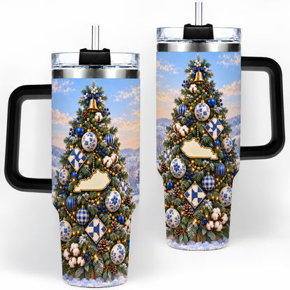 #pl[40oz|Black] Blue White Christmas Tree 40oz Handled Tumbler, Country Winter Scenery