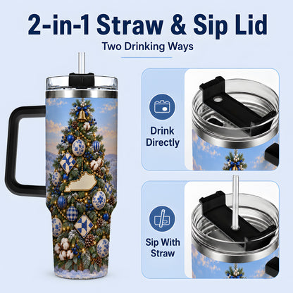 #pl[40oz|Black] Blue White Christmas Tree 40oz Handled Tumbler, Country Winter Scenery