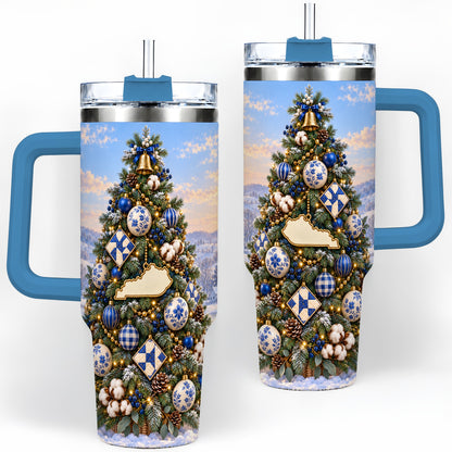 #pl[40oz|Blue] Blue White Christmas Tree 40oz Handled Tumbler, Country Winter Scenery