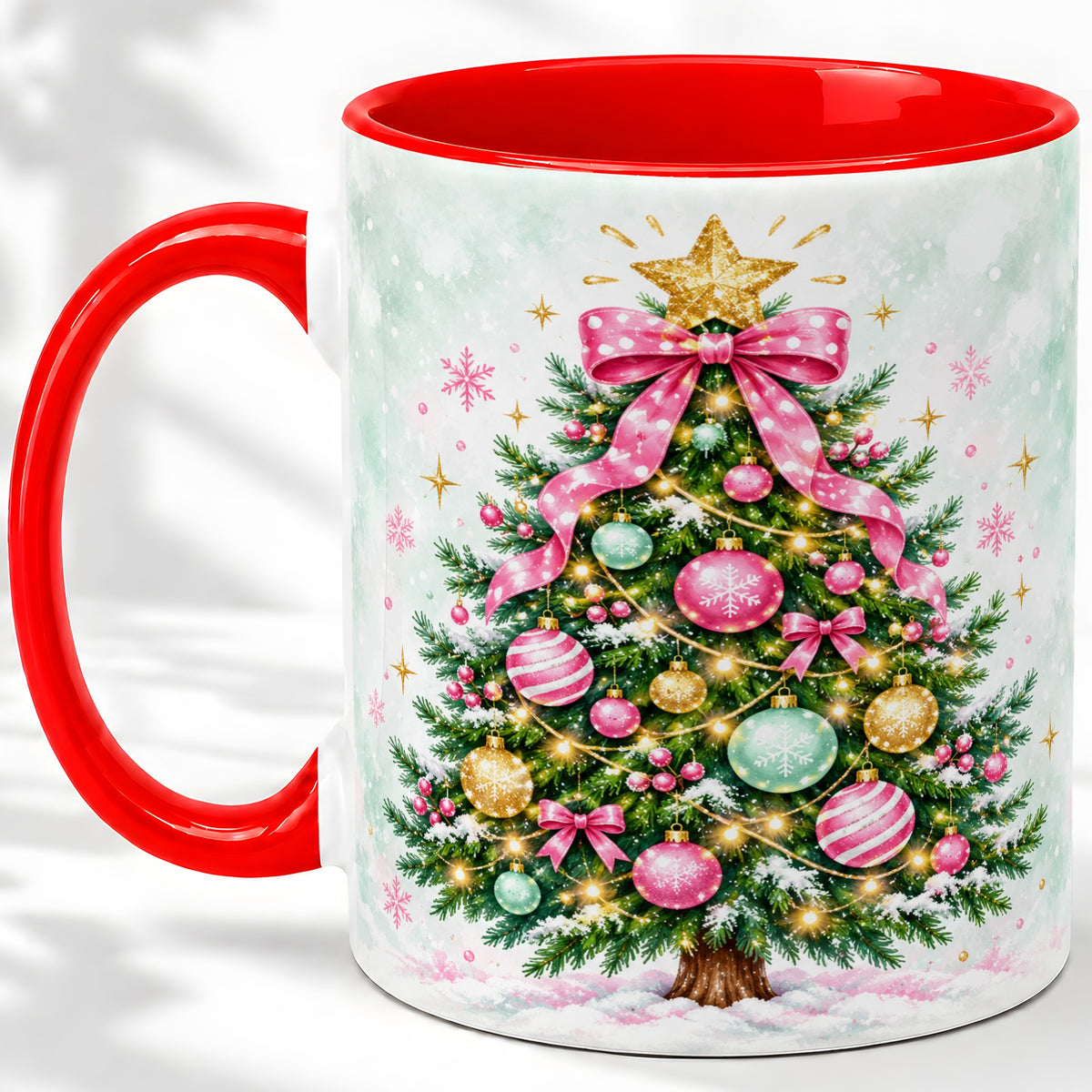 Pink Bow Christmas Tree Accent Mug, Ceramic Pastel Holiday Cup