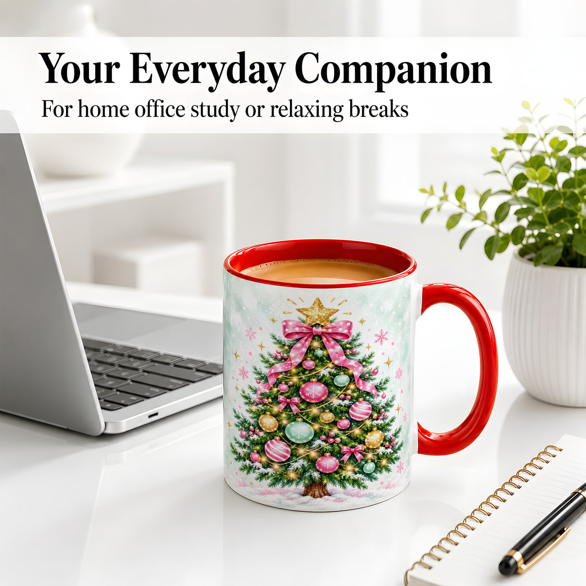 #pl[11oz|Red] Pink Bow Christmas Tree Accent Mug, Ceramic Pastel Holiday Cup