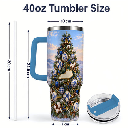 #pl[40oz|Blue] Blue White Christmas Tree 40oz Handled Tumbler, Country Winter Scenery