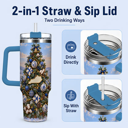 #pl[40oz|Blue] Blue White Christmas Tree 40oz Handled Tumbler, Country Winter Scenery
