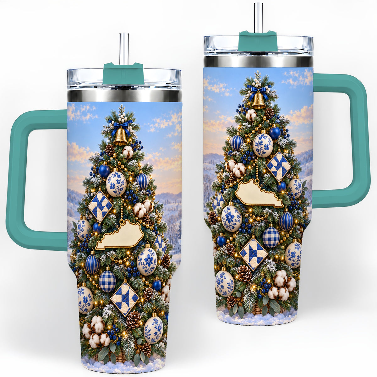 #pl[40oz|Green] Blue White Christmas Tree 40oz Handled Tumbler, Country Winter Scenery