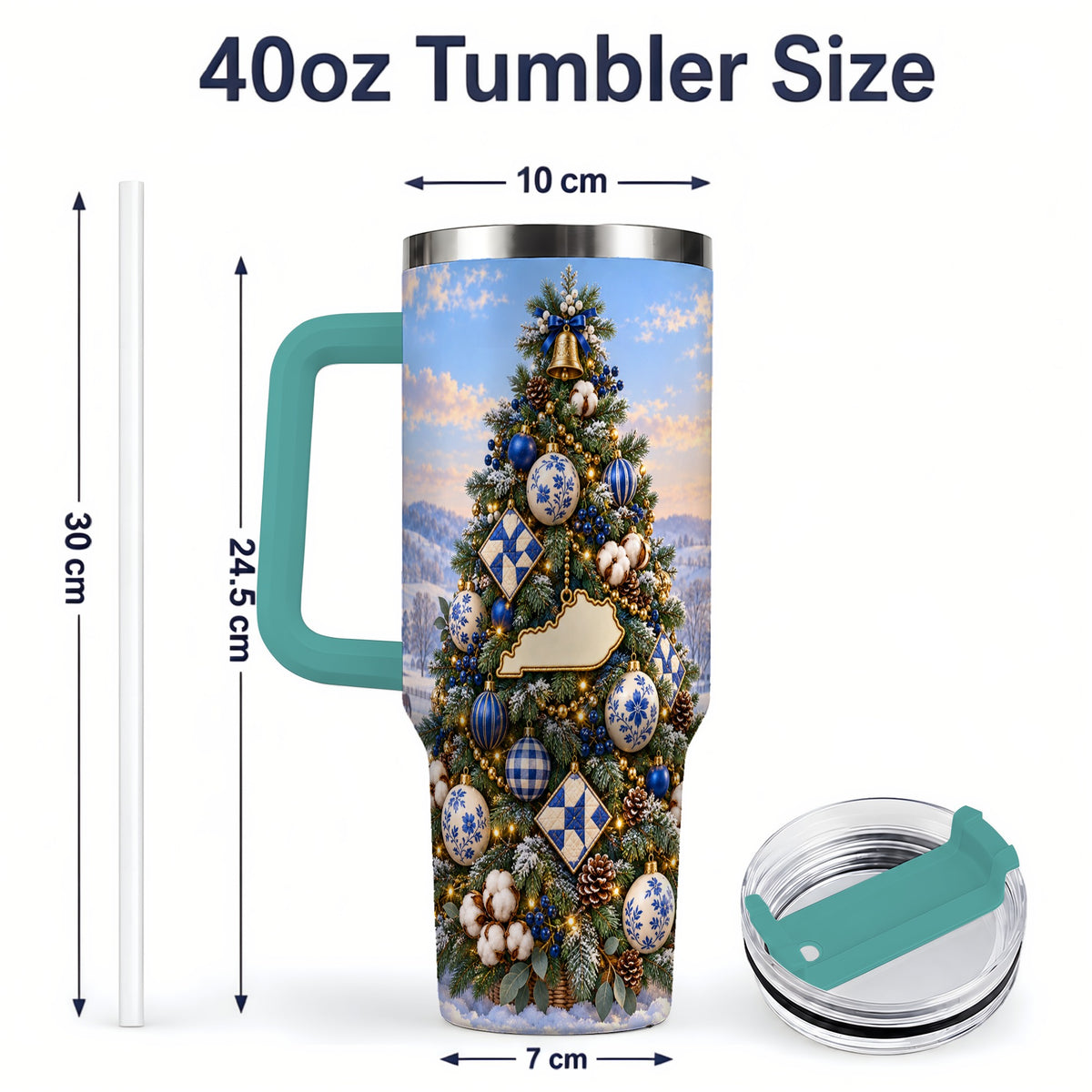 #pl[40oz|Green] Blue White Christmas Tree 40oz Handled Tumbler, Country Winter Scenery