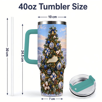 #pl[40oz|Green] Blue White Christmas Tree 40oz Handled Tumbler, Country Winter Scenery