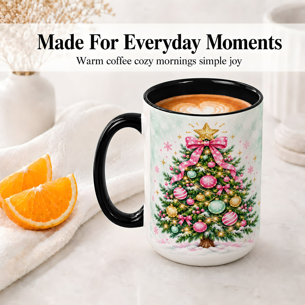 #pl[15oz|Black] Pink Bow Christmas Tree Accent Mug, Ceramic Pastel Holiday Cup