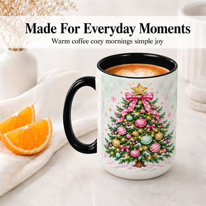 #pl[15oz|Black] Pink Bow Christmas Tree Accent Mug, Ceramic Pastel Holiday Cup
