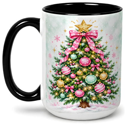 #pl[15oz|Black] Pink Bow Christmas Tree Accent Mug, Ceramic Pastel Holiday Cup
