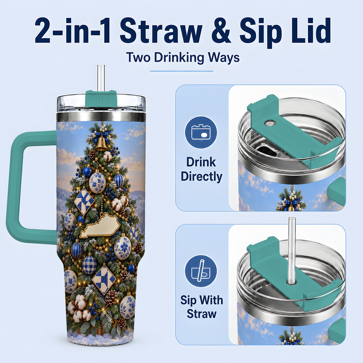 #pl[40oz|Green] Blue White Christmas Tree 40oz Handled Tumbler, Country Winter Scenery