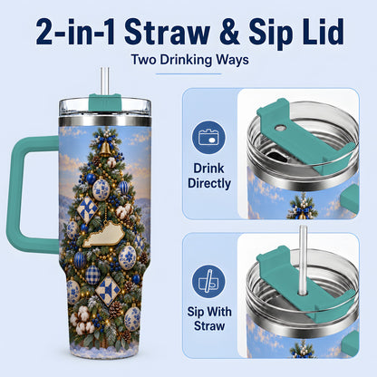 #pl[40oz|Green] Blue White Christmas Tree 40oz Handled Tumbler, Country Winter Scenery