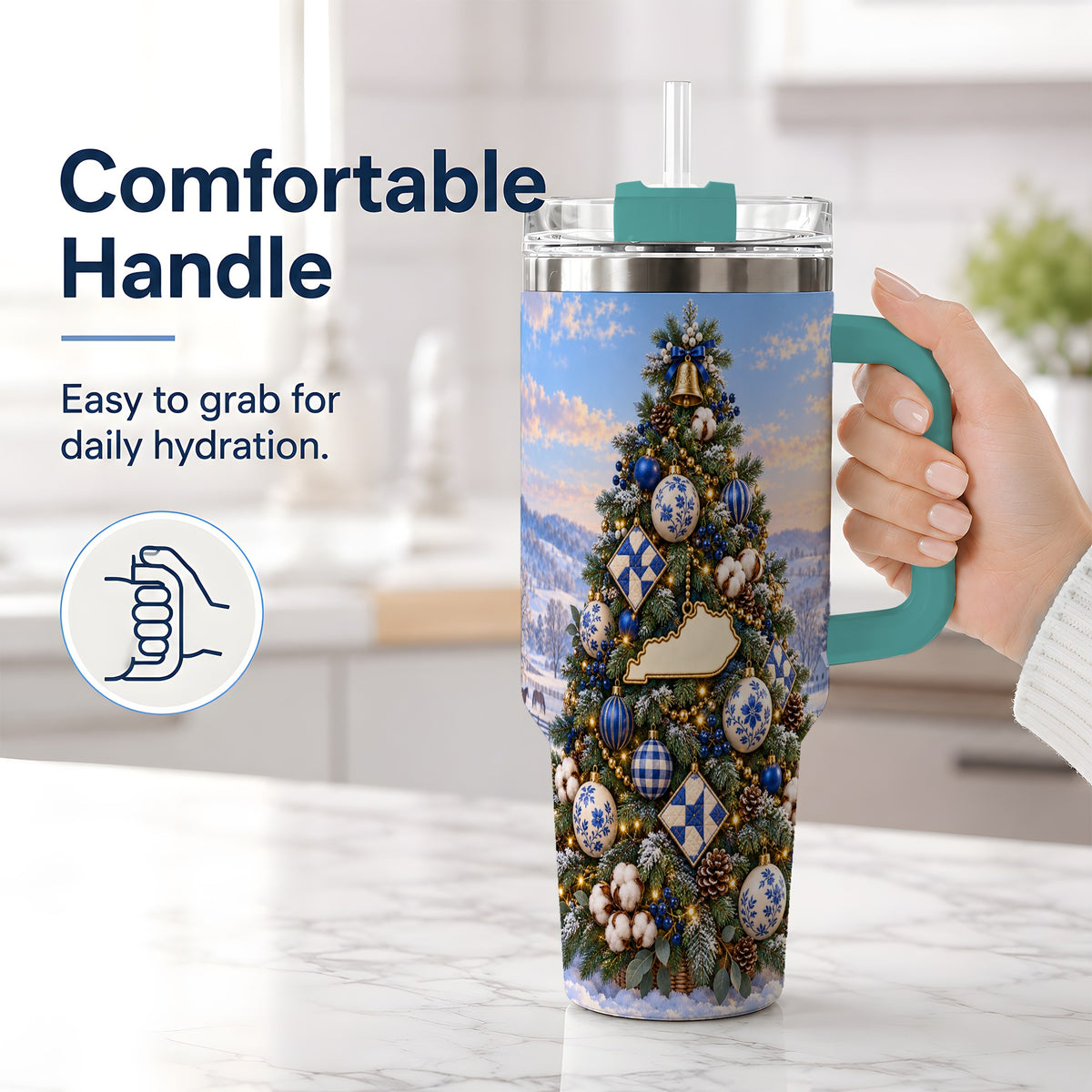 #pl[40oz|Green] Blue White Christmas Tree 40oz Handled Tumbler, Country Winter Scenery