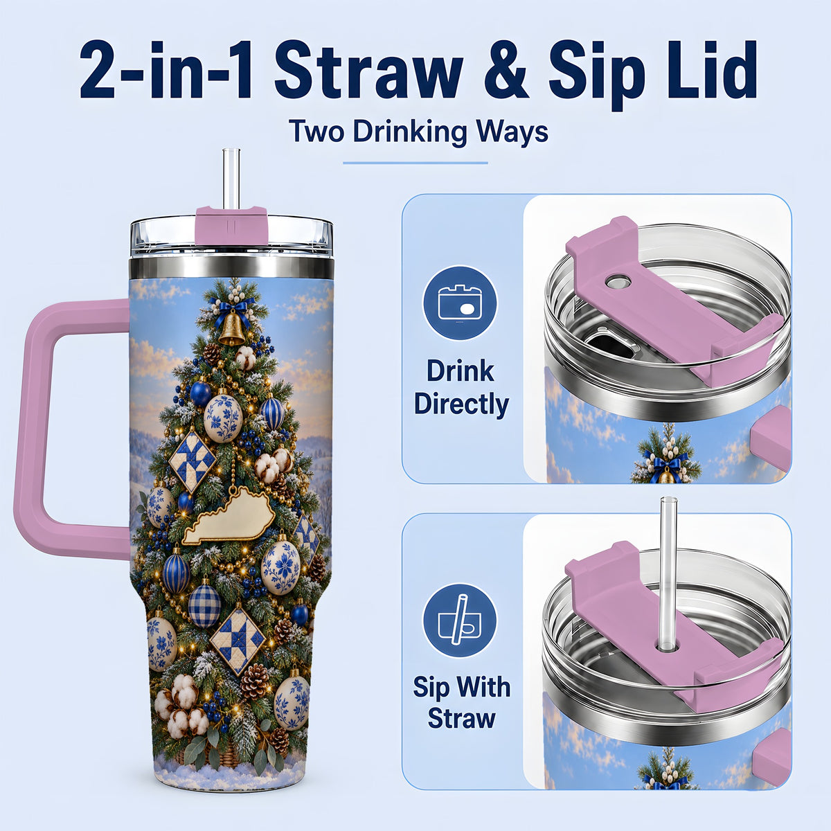 #pl[40oz|Pink] Blue White Christmas Tree 40oz Handled Tumbler, Country Winter Scenery