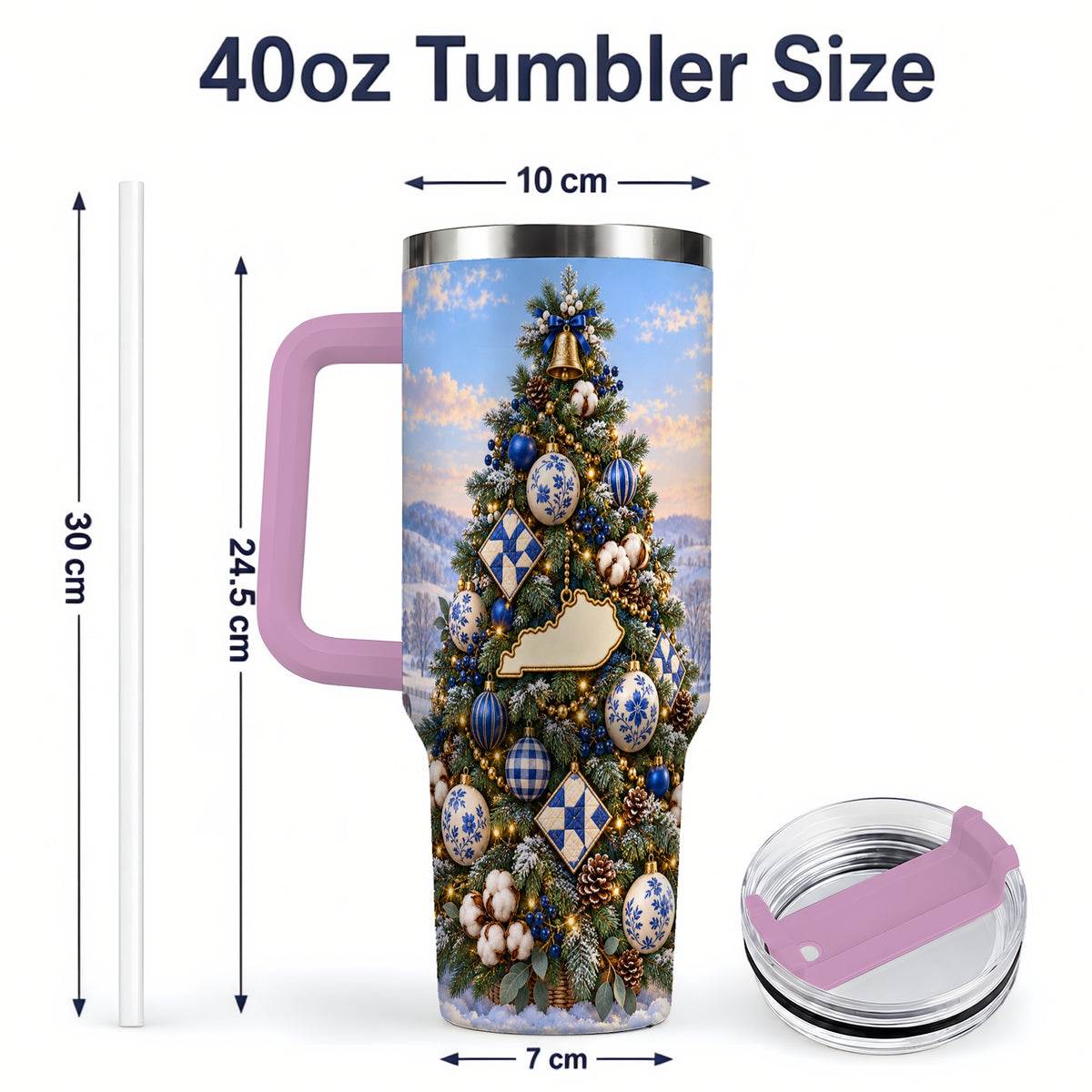 #pl[40oz|Pink] Blue White Christmas Tree 40oz Handled Tumbler, Country Winter Scenery