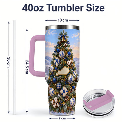#pl[40oz|Pink] Blue White Christmas Tree 40oz Handled Tumbler, Country Winter Scenery