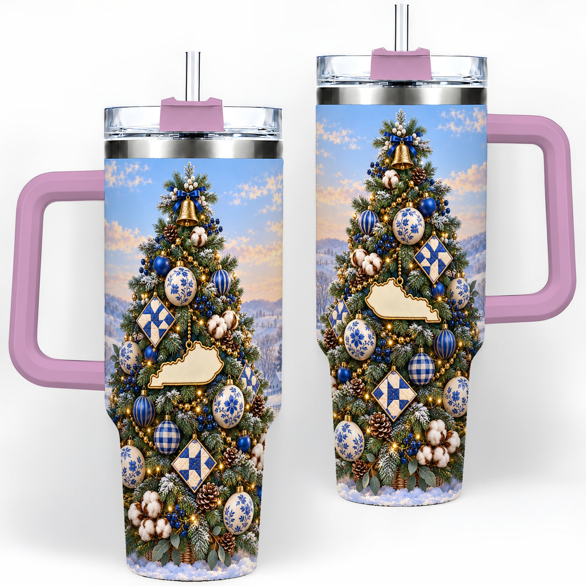 #pl[40oz|Pink] Blue White Christmas Tree 40oz Handled Tumbler, Country Winter Scenery