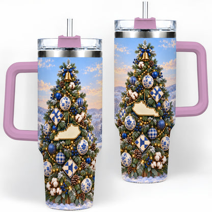 #pl[40oz|Pink] Blue White Christmas Tree 40oz Handled Tumbler, Country Winter Scenery