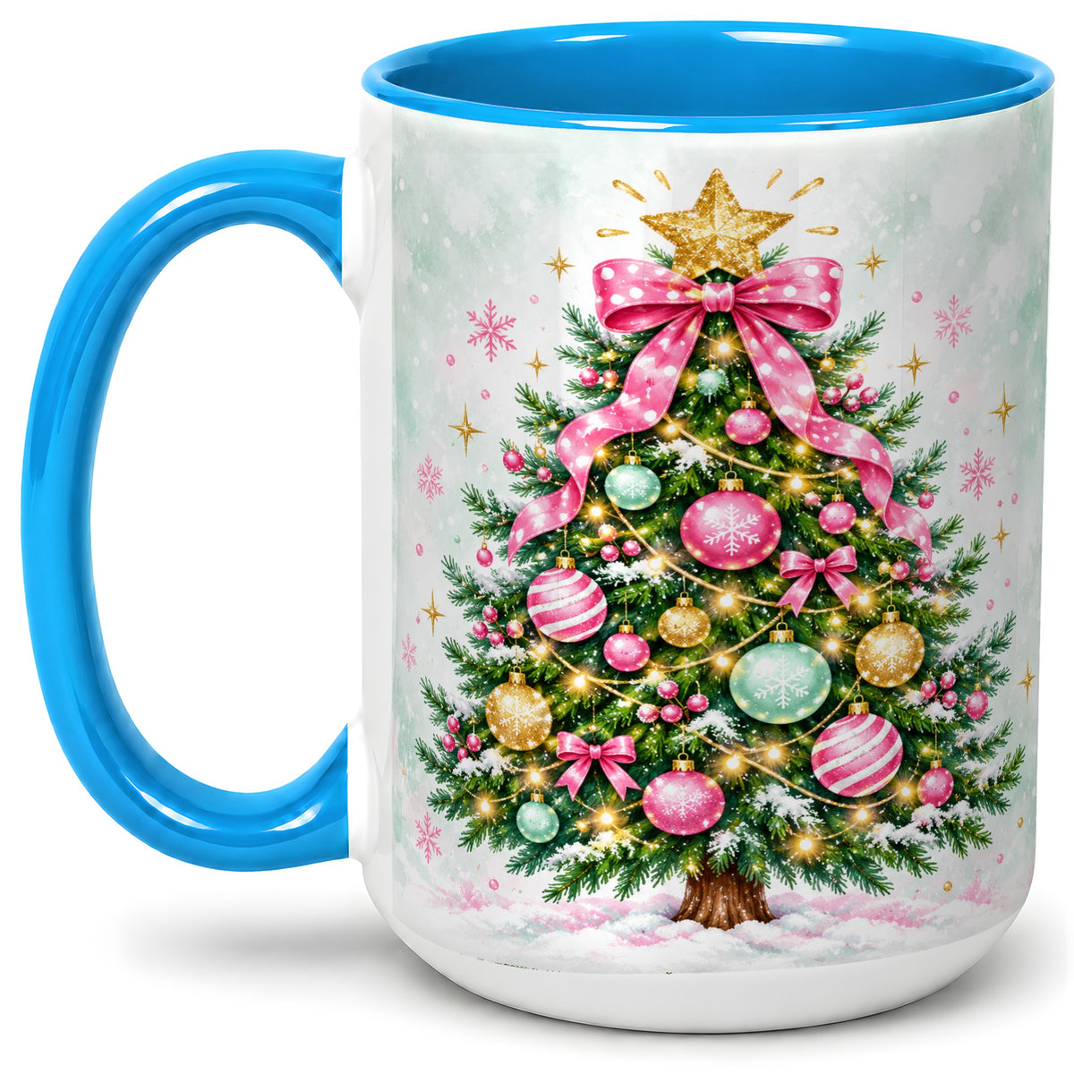 #pl[15oz|Blue] Pink Bow Christmas Tree Accent Mug, Ceramic Pastel Holiday Cup
