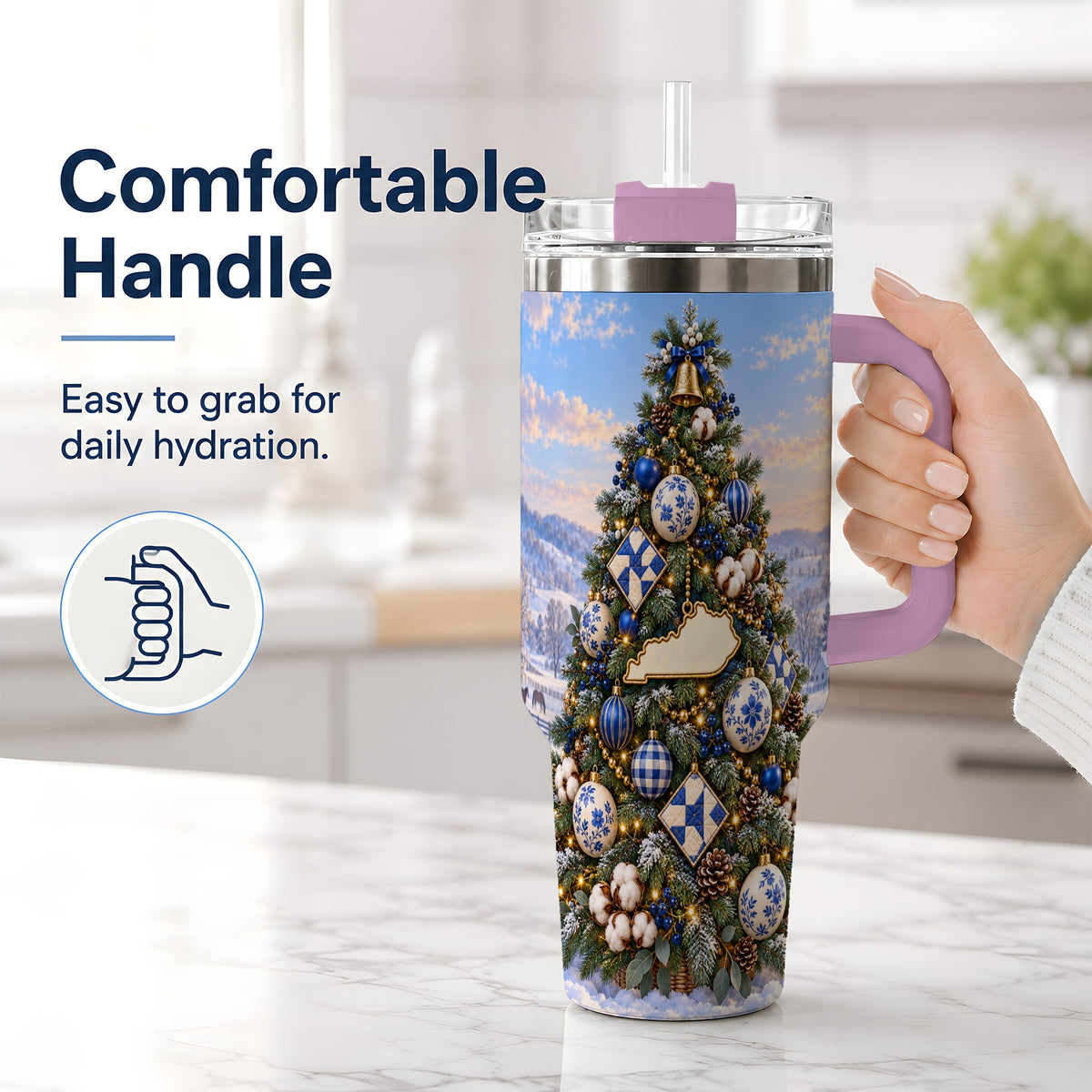#pl[40oz|Pink] Blue White Christmas Tree 40oz Handled Tumbler, Country Winter Scenery
