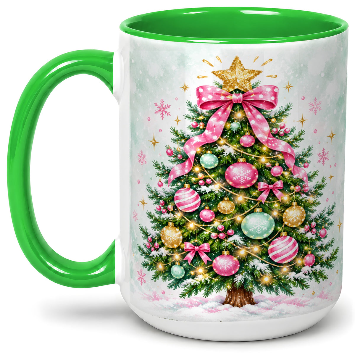 #pl[15oz|Green] Pink Bow Christmas Tree Accent Mug, Ceramic Pastel Holiday Cup