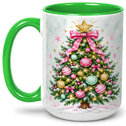 #pl[15oz|Green] Pink Bow Christmas Tree Accent Mug, Ceramic Pastel Holiday Cup