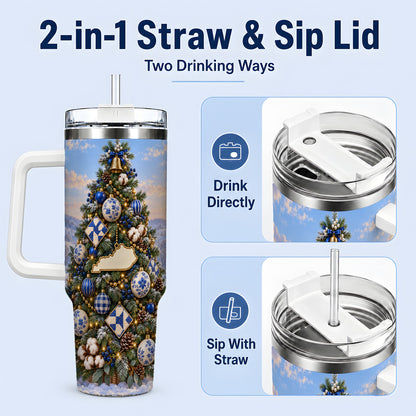 #pl[40oz|White] Blue White Christmas Tree 40oz Handled Tumbler, Country Winter Scenery