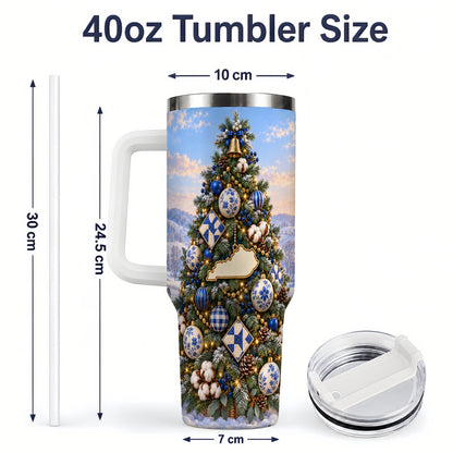 #pl[40oz|White] Blue White Christmas Tree 40oz Handled Tumbler, Country Winter Scenery