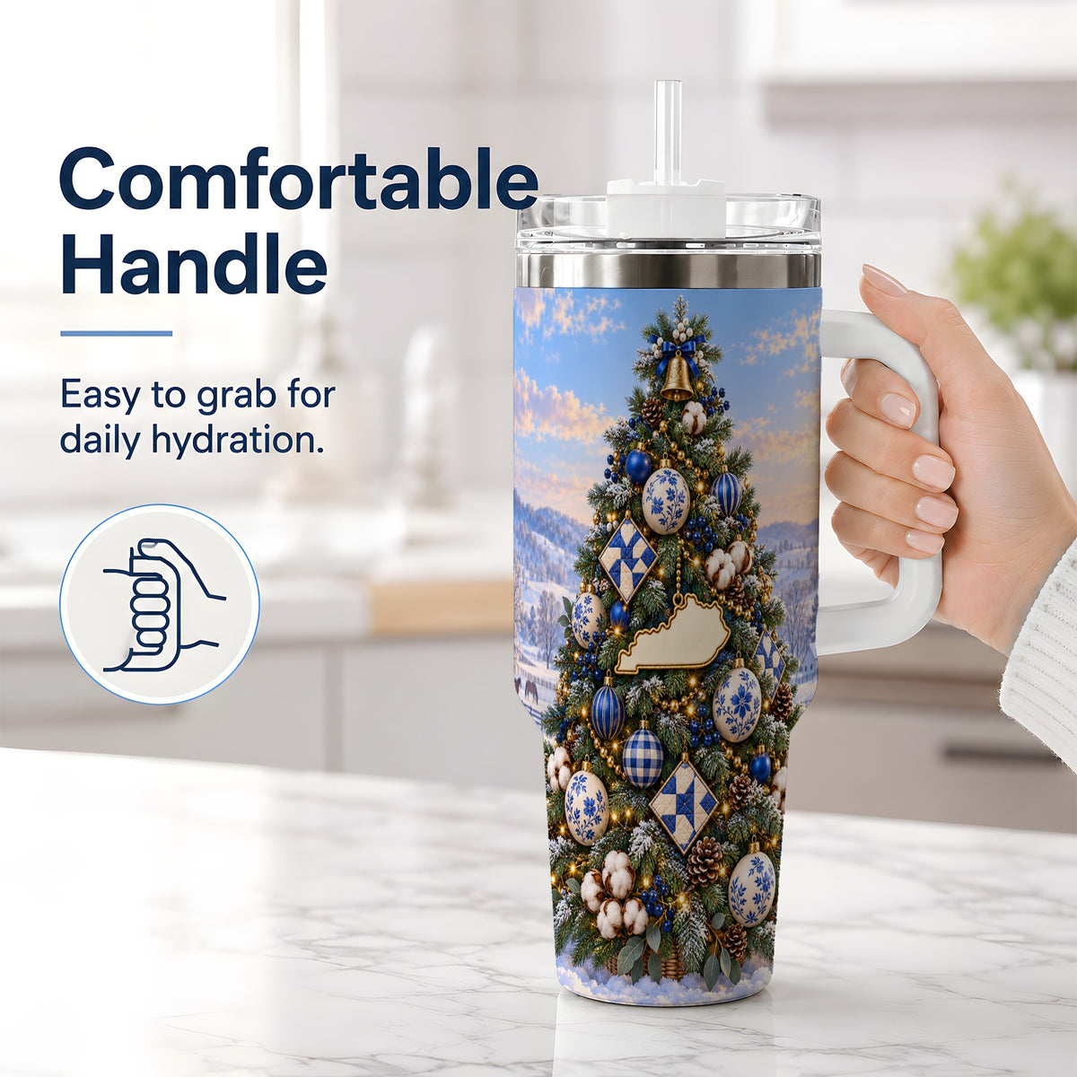 #pl[40oz|White] Blue White Christmas Tree 40oz Handled Tumbler, Country Winter Scenery