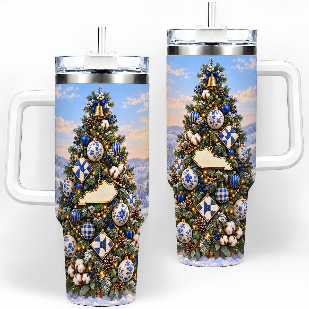 Blue White Christmas Tree 40oz Handled Tumbler, Country Winter Scenery