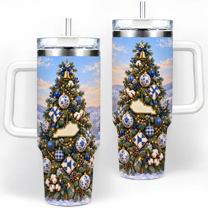 Blue White Christmas Tree 40oz Handled Tumbler, Country Winter Scenery