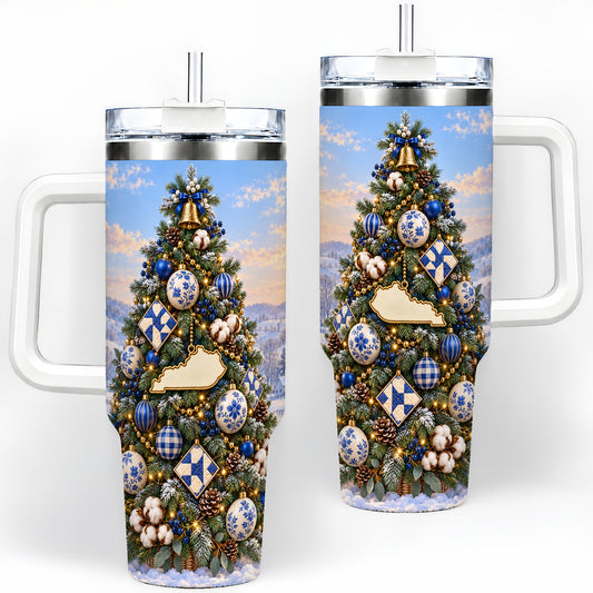 Blue White Christmas Tree 40oz Handled Tumbler, Country Winter Scenery