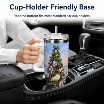 Blue White Christmas Tree 40oz Handled Tumbler, Country Winter Scenery