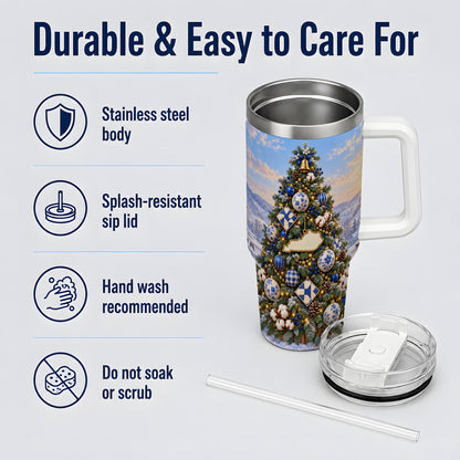 Blue White Christmas Tree 40oz Handled Tumbler, Country Winter Scenery