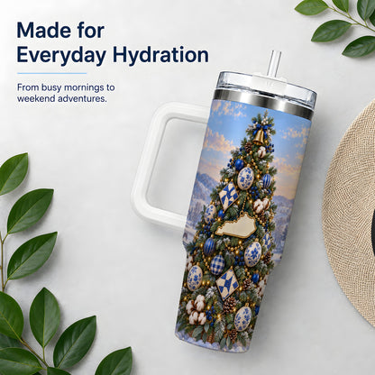 Blue White Christmas Tree 40oz Handled Tumbler, Country Winter Scenery