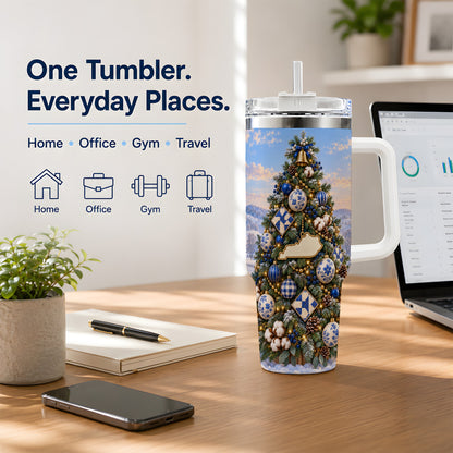 Blue White Christmas Tree 40oz Handled Tumbler, Country Winter Scenery