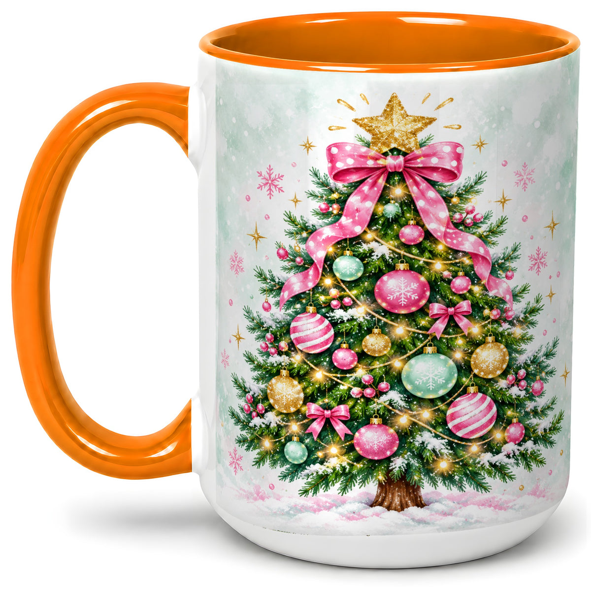 #pl[15oz|Orange] Pink Bow Christmas Tree Accent Mug, Ceramic Pastel Holiday Cup