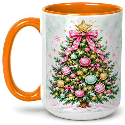 #pl[15oz|Orange] Pink Bow Christmas Tree Accent Mug, Ceramic Pastel Holiday Cup