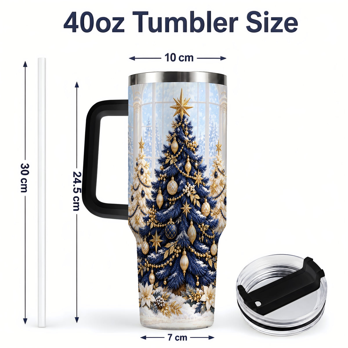 #pl[40oz|Black] Navy Blue Christmas Trees 40oz Handled Tumbler, Gold Holiday Artwork