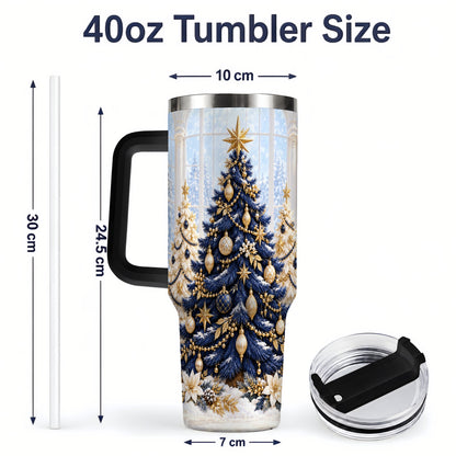 #pl[40oz|Black] Navy Blue Christmas Trees 40oz Handled Tumbler, Gold Holiday Artwork