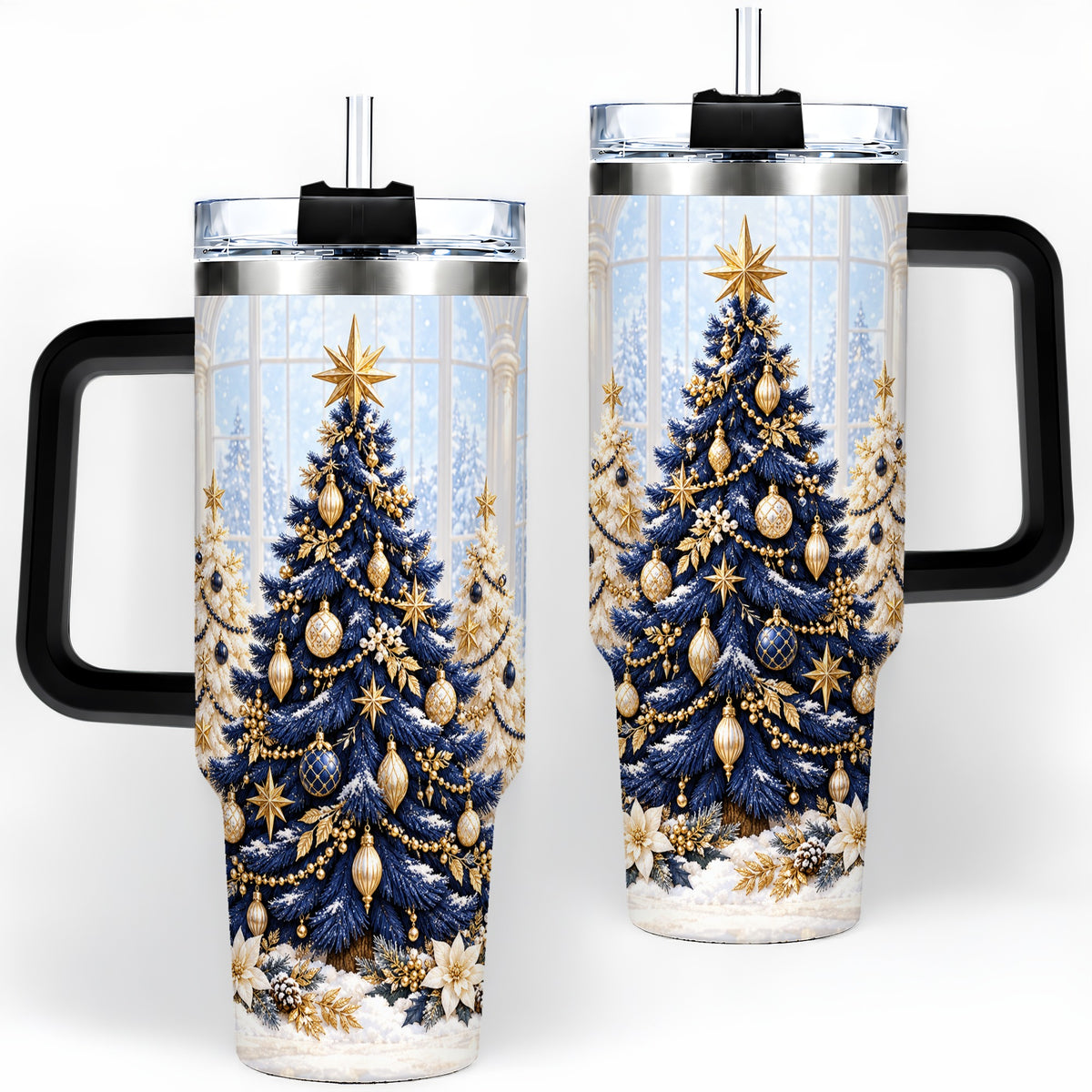 #pl[40oz|Black] Navy Blue Christmas Trees 40oz Handled Tumbler, Gold Holiday Artwork