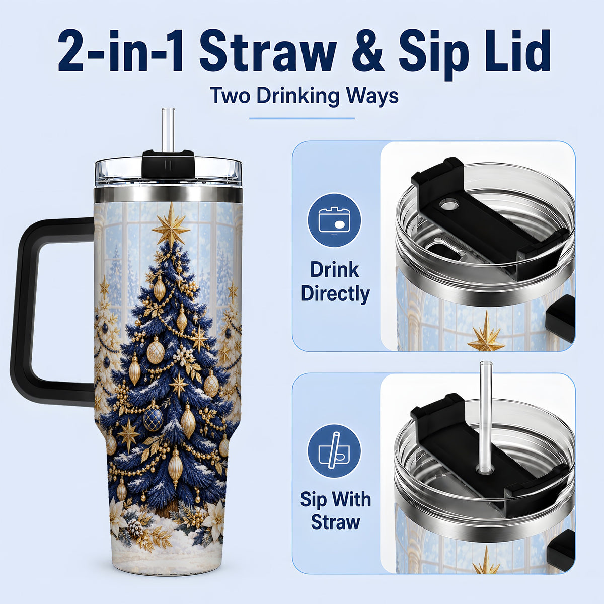 #pl[40oz|Black] Navy Blue Christmas Trees 40oz Handled Tumbler, Gold Holiday Artwork