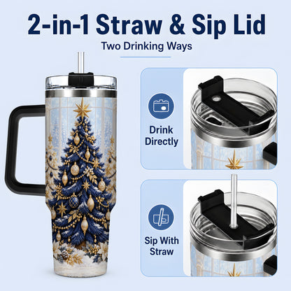 #pl[40oz|Black] Navy Blue Christmas Trees 40oz Handled Tumbler, Gold Holiday Artwork