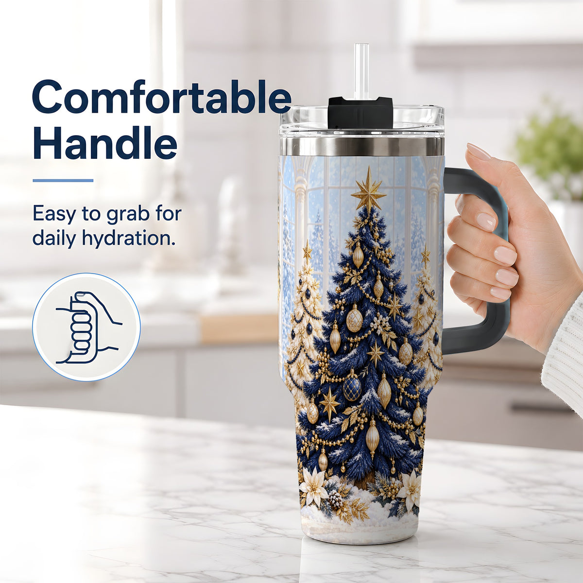 #pl[40oz|Black] Navy Blue Christmas Trees 40oz Handled Tumbler, Gold Holiday Artwork